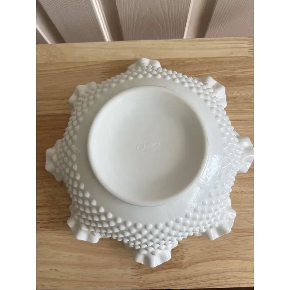 FENTON Vintage Milk Glass Round Hob Nail Double Crimped Ruffle Edge Lg Bowl 11